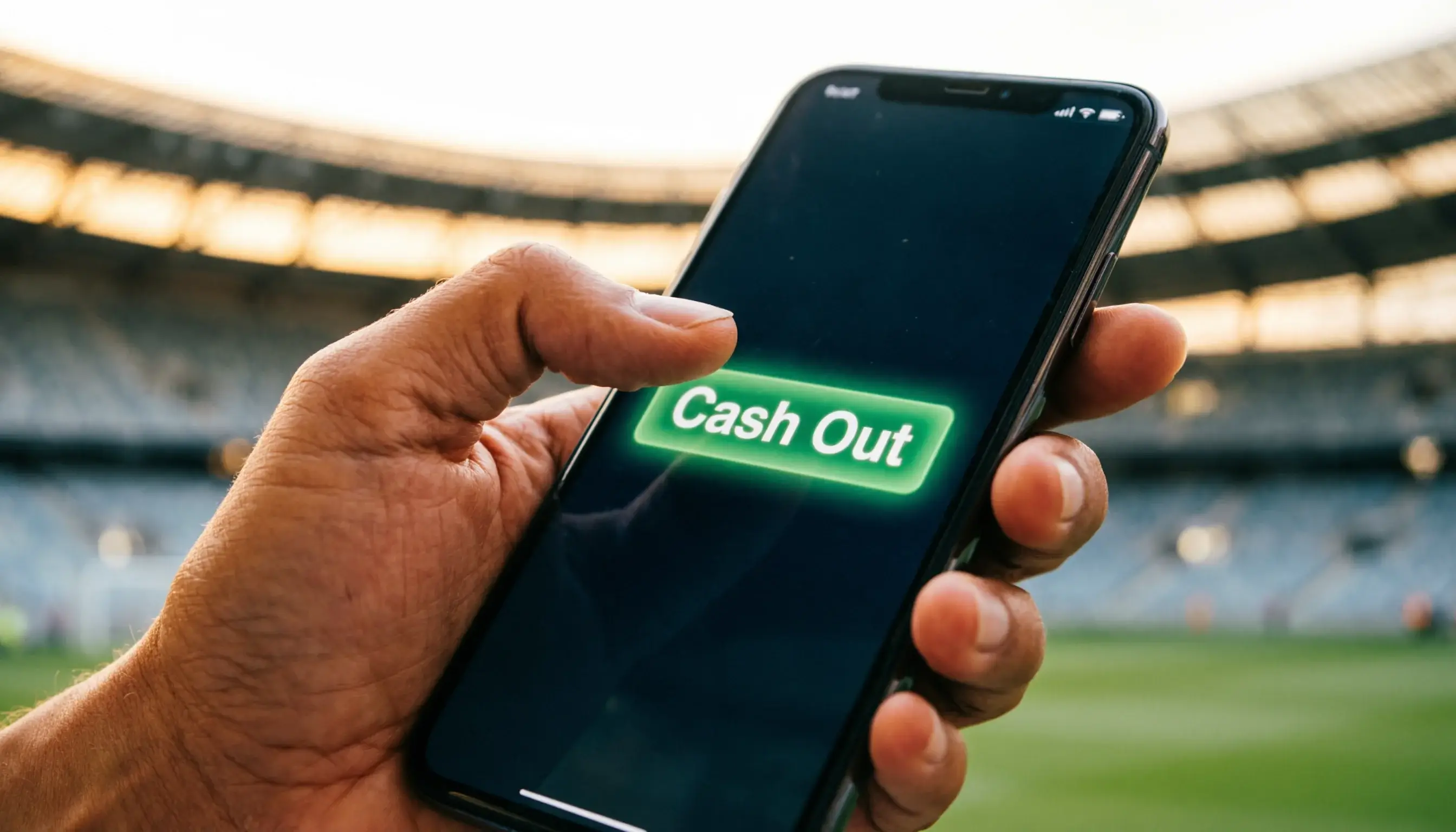 Mano che preme un pulsante verde luminoso con scritta Cash Out su uno smartphone