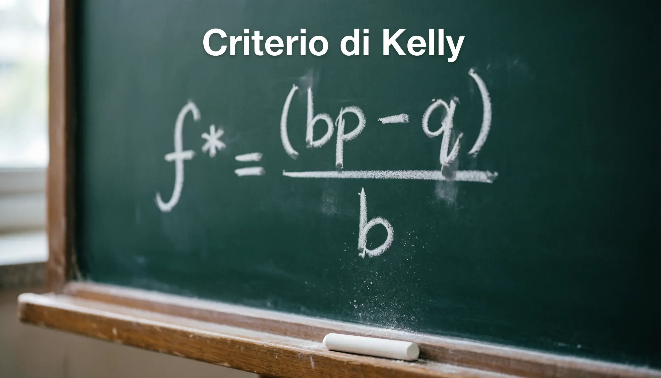 Lavagna con formula matematica del criterio di Kelly scritta con il gesso
