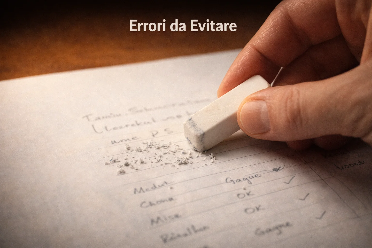 Mano che cancella un errore con una gomma su un foglio con annotazioni di scommesse