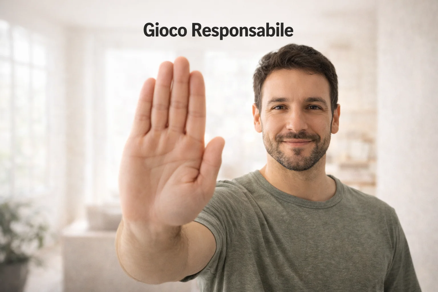 Persona serena che tiene in mano un cartello con il simbolo di stop e un sorriso