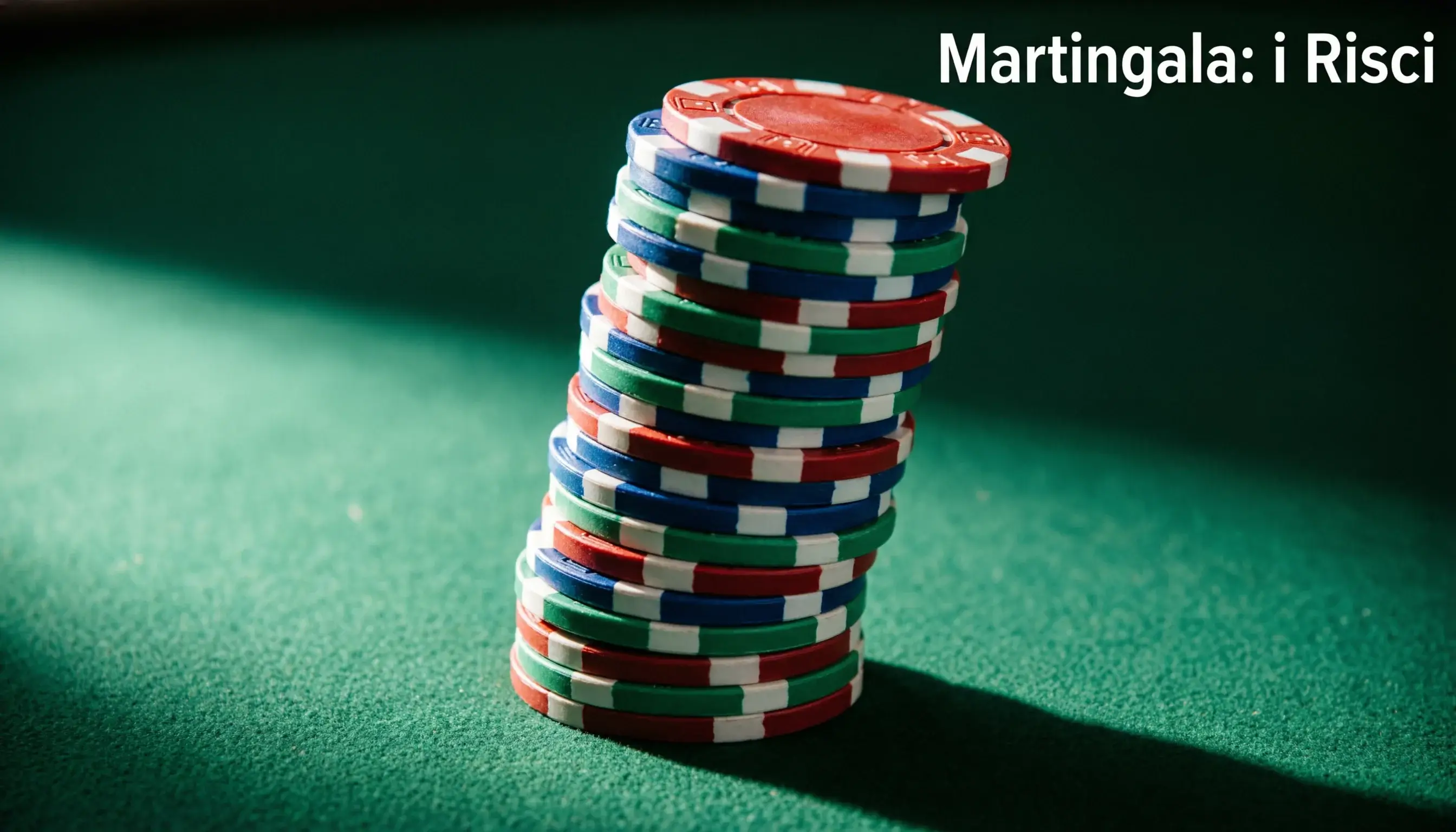 Torre instabile di fiches colorate che sta per crollare su un tavolo verde