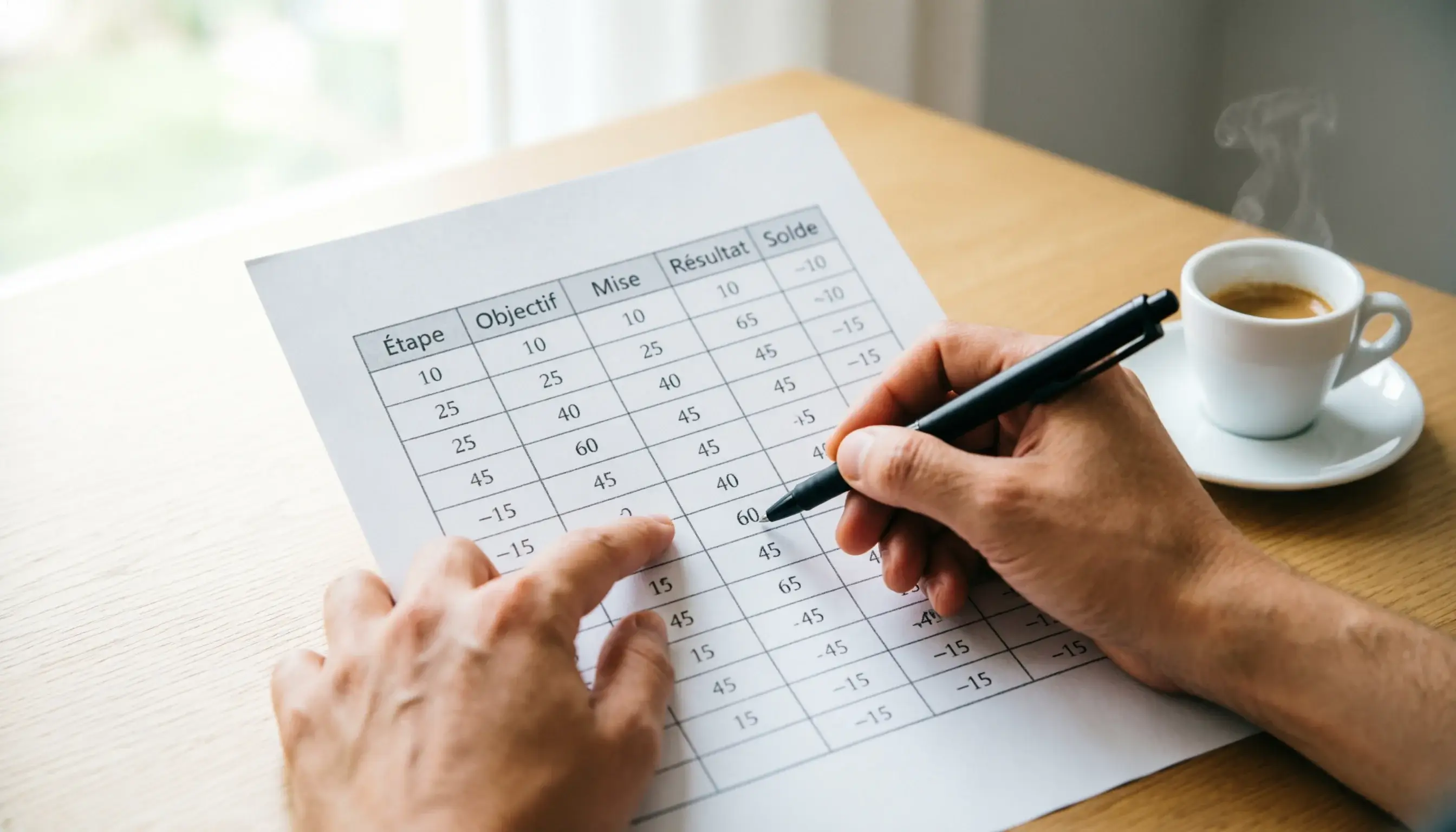 Persona che studia una tabella con numeri e progressioni su un foglio di carta