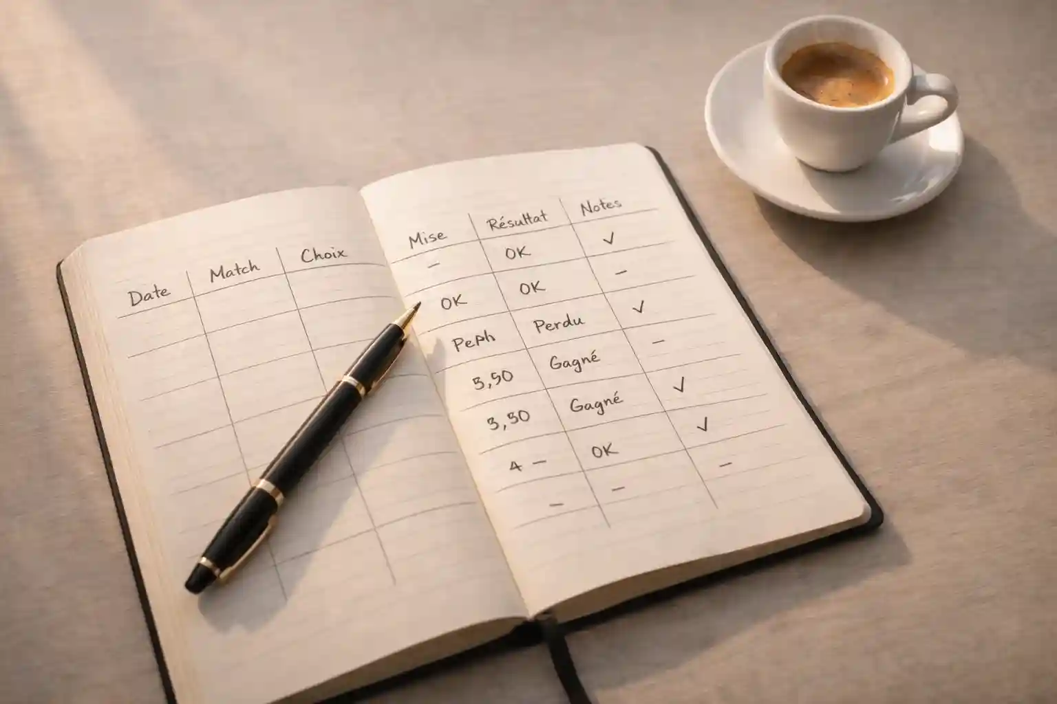 Blocco appunti aperto con tabella di registrazione scommesse e una penna