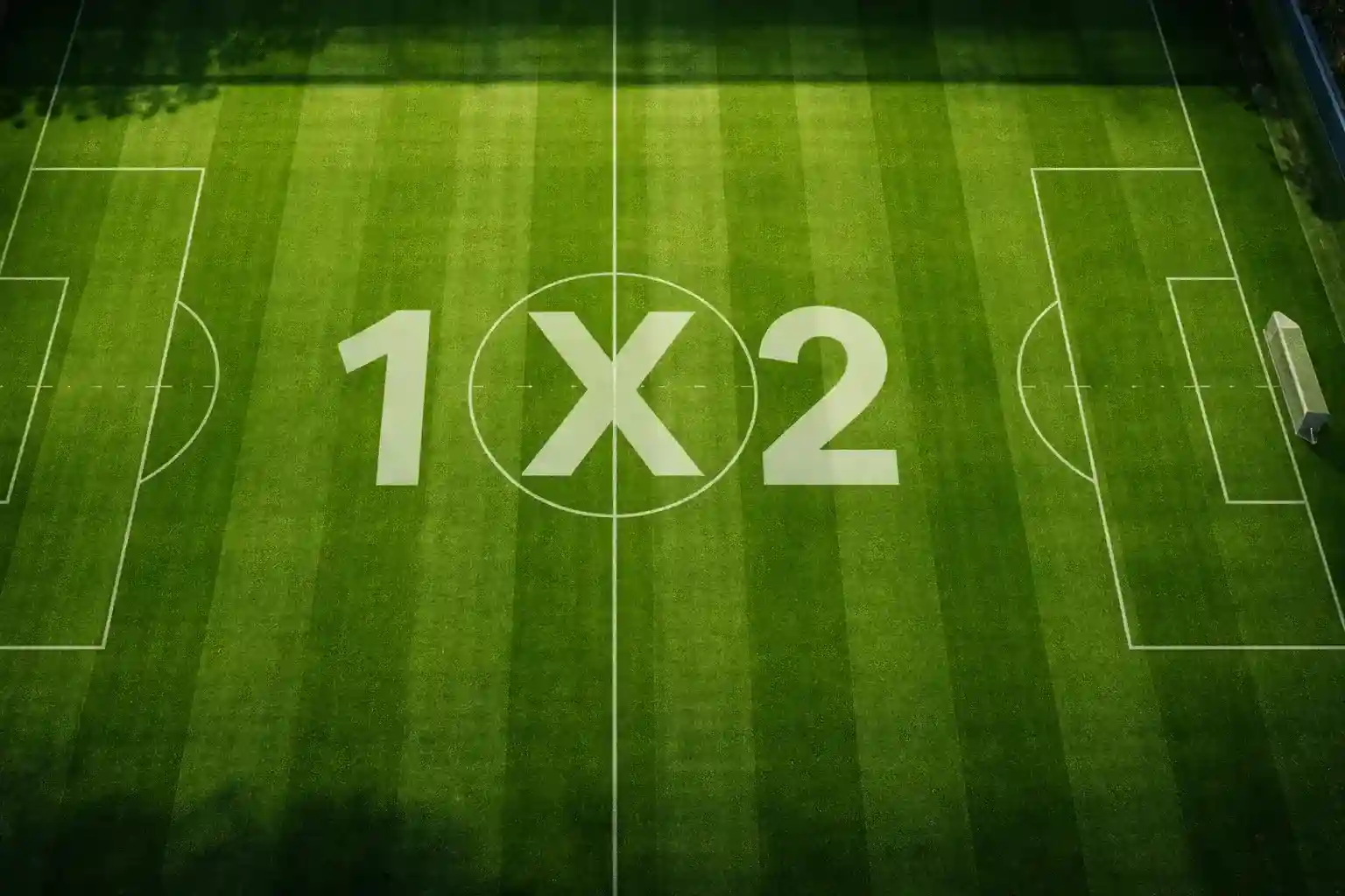 Campo di calcio con erba verde visto dall'alto con i simboli 1, X e 2 stilizzati al centro