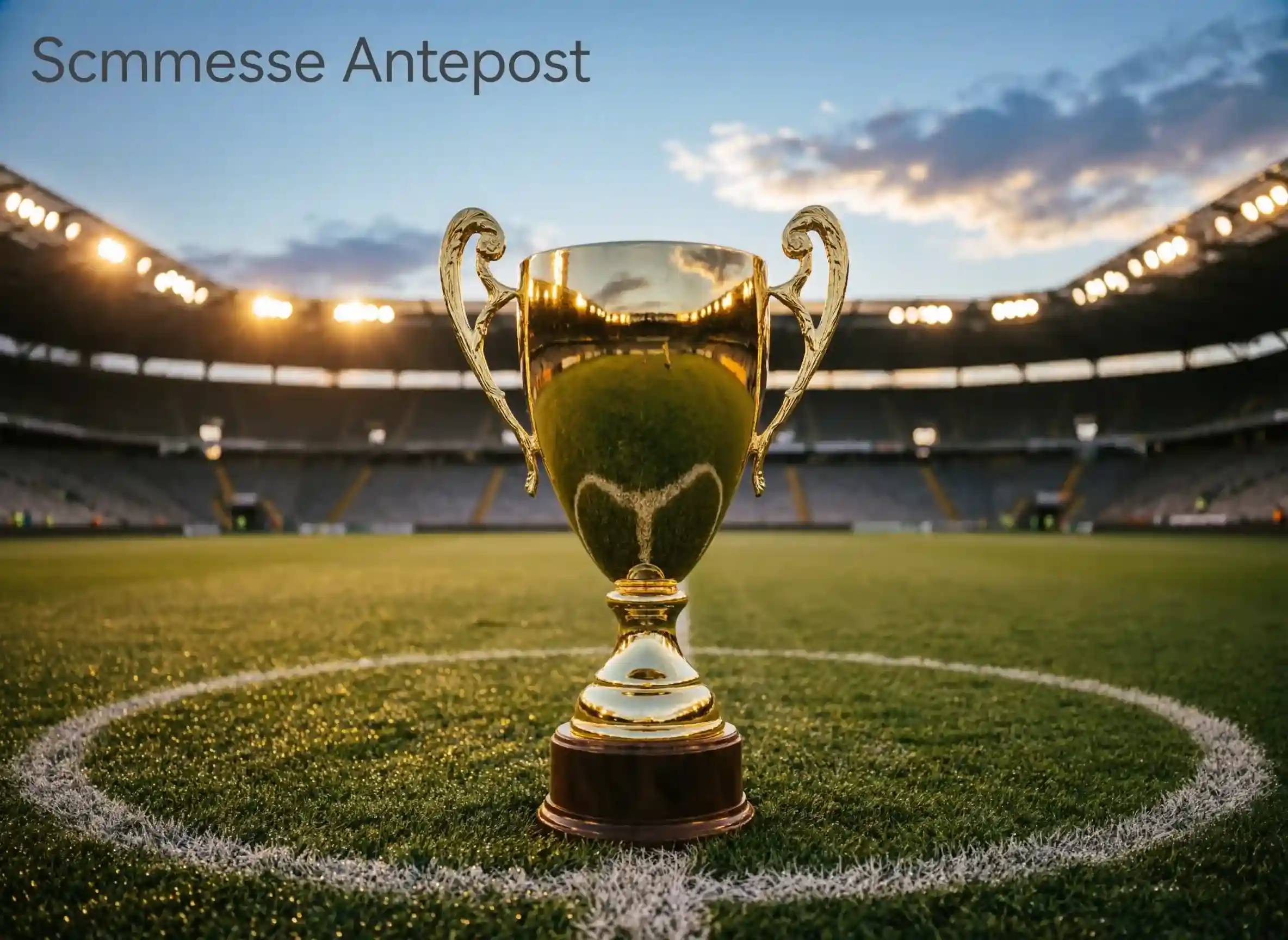 Trofeo dorato di campionato su un campo da calcio con luci dello stadio sullo sfondo