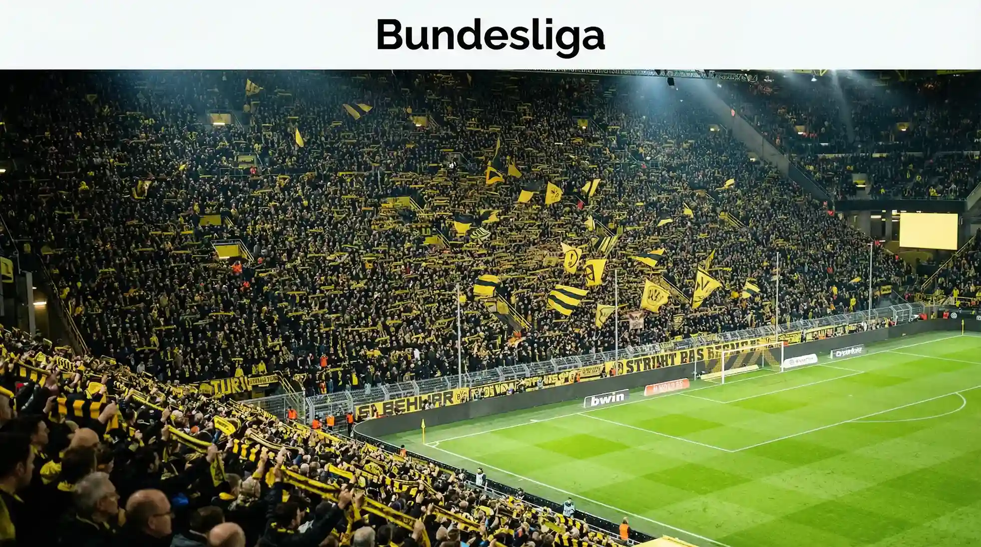 Stadio tedesco con tribuna piena di tifosi con bandiere e striscioni colorati