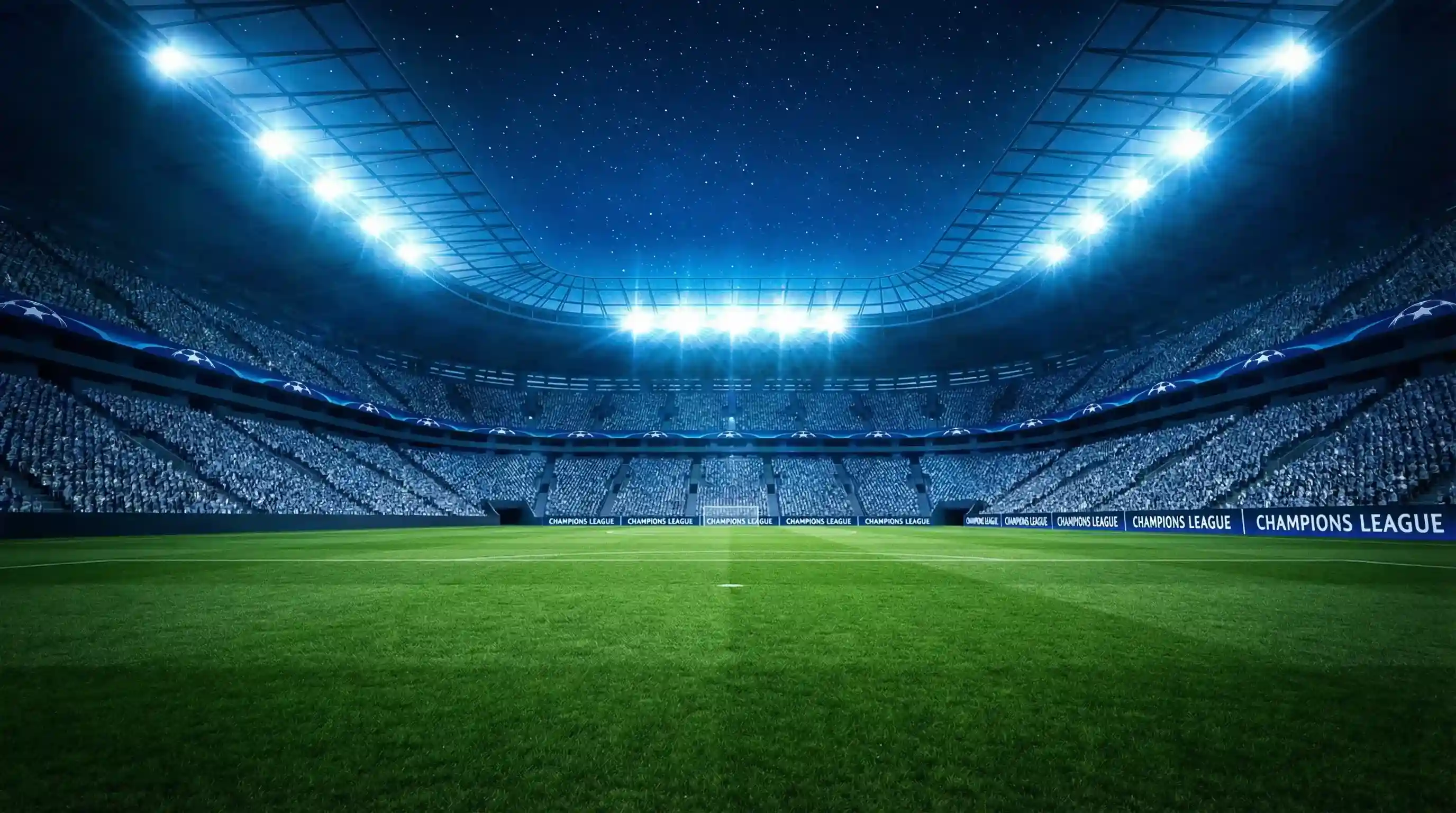 Campo da calcio di notte con luci blu e stelle illuminate per una serata europea