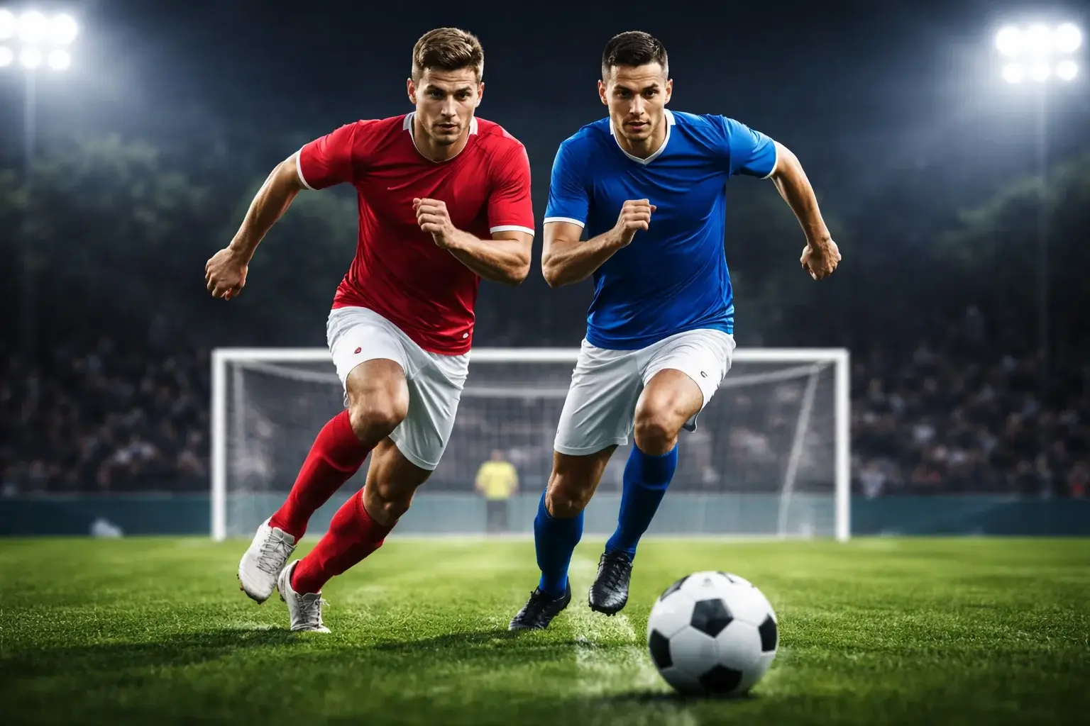 Due attaccanti di squadre diverse che corrono verso la porta avversaria su un campo da calcio