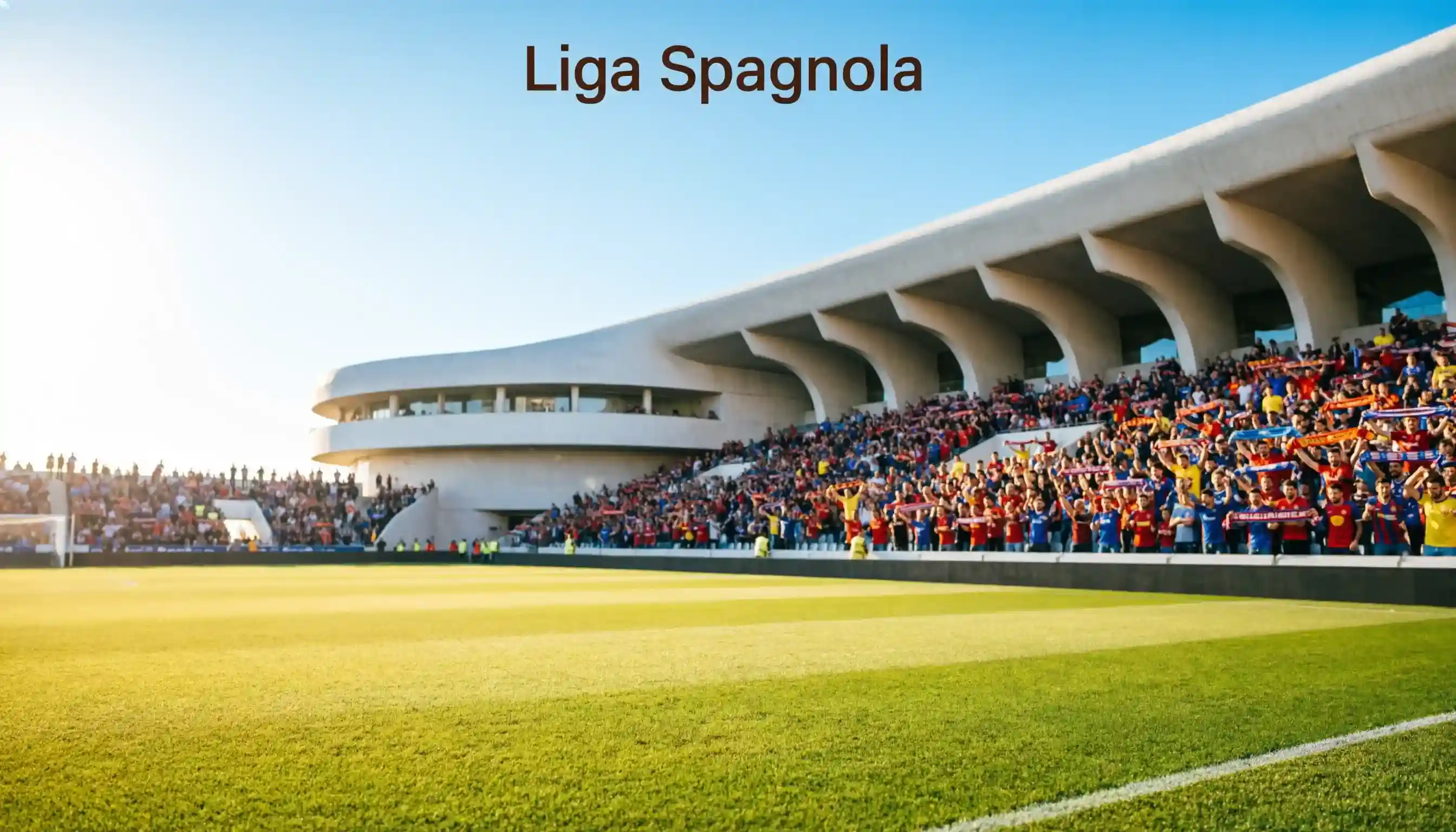 Stadio spagnolo con cielo azzurro e campo da calcio illuminato dal sole mediterraneo