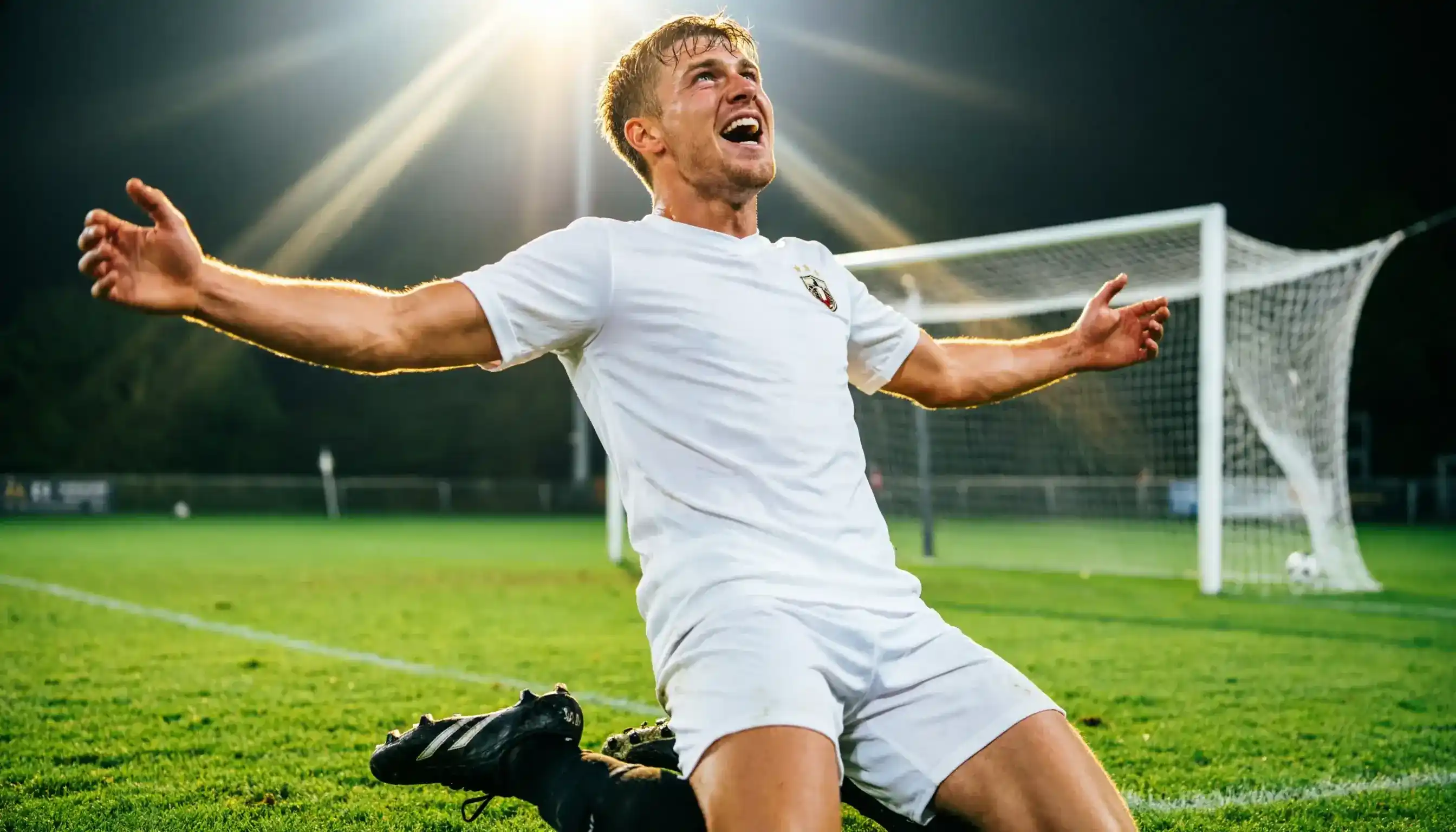Attaccante di calcio che esulta dopo aver segnato un gol sotto i riflettori dello stadio