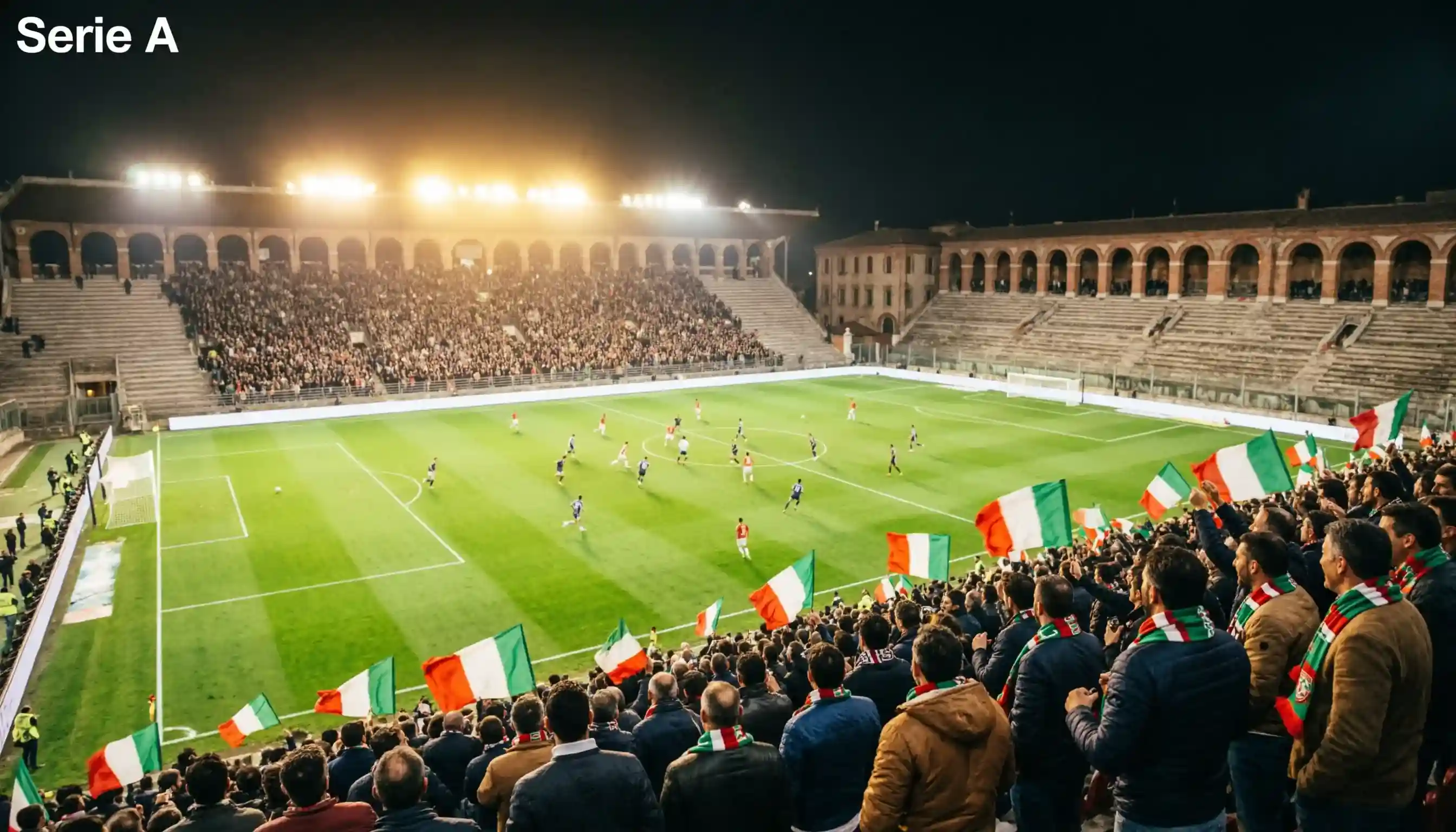 Stadio di calcio italiano pieno di spettatori durante una partita serale di Serie A