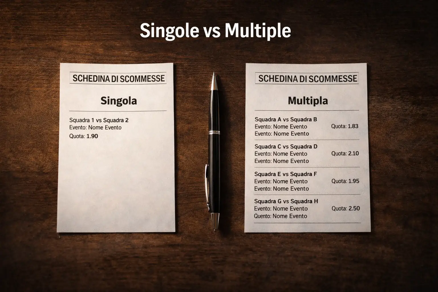 Due schedine di scommessa affiancate, una singola e una multipla, su un tavolo