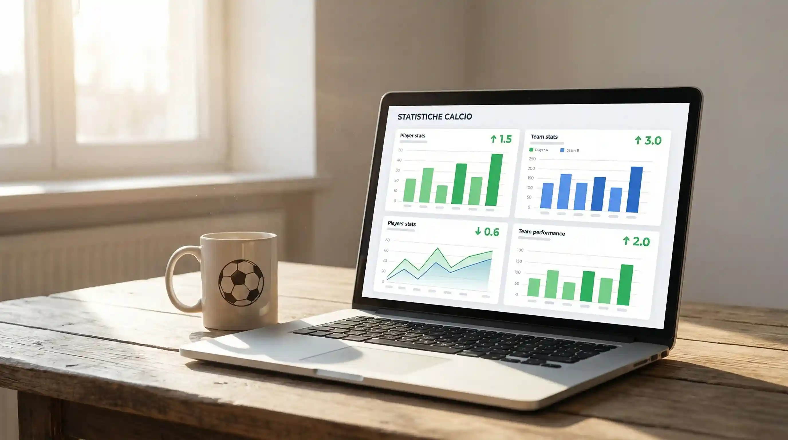 Laptop con grafici e statistiche di una partita di calcio su schermo