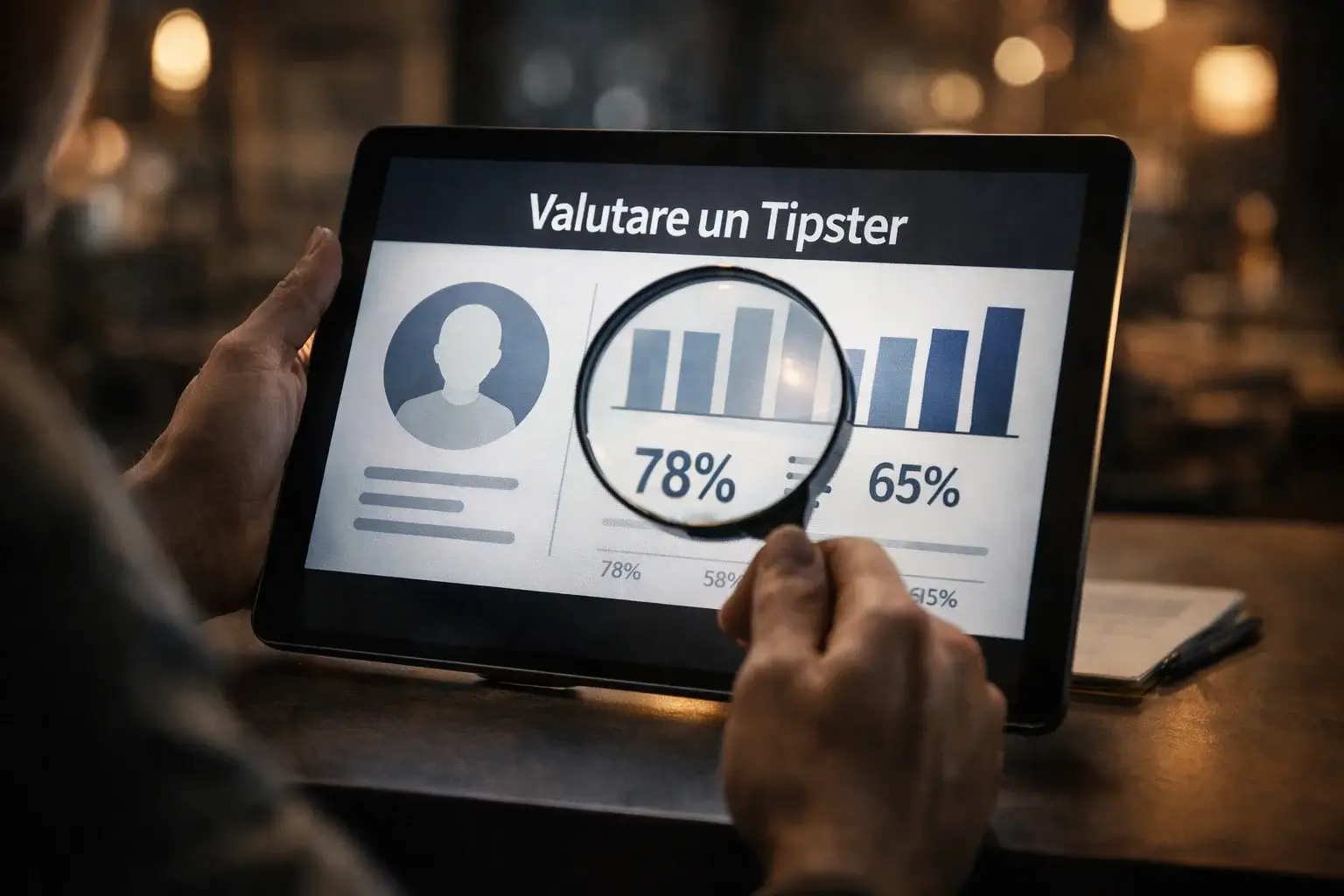 Persona che esamina un profilo di pronosticatore su tablet con lente di ingrandimento